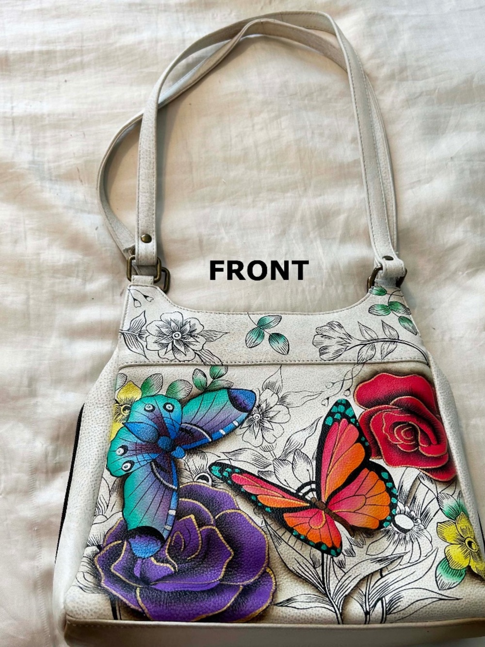 TRIPLE COMPARTMENT SATCHEL, BEIGE/DAPPLED LIGHT GREY WITH HAND PAINTED BUTTERFLI
